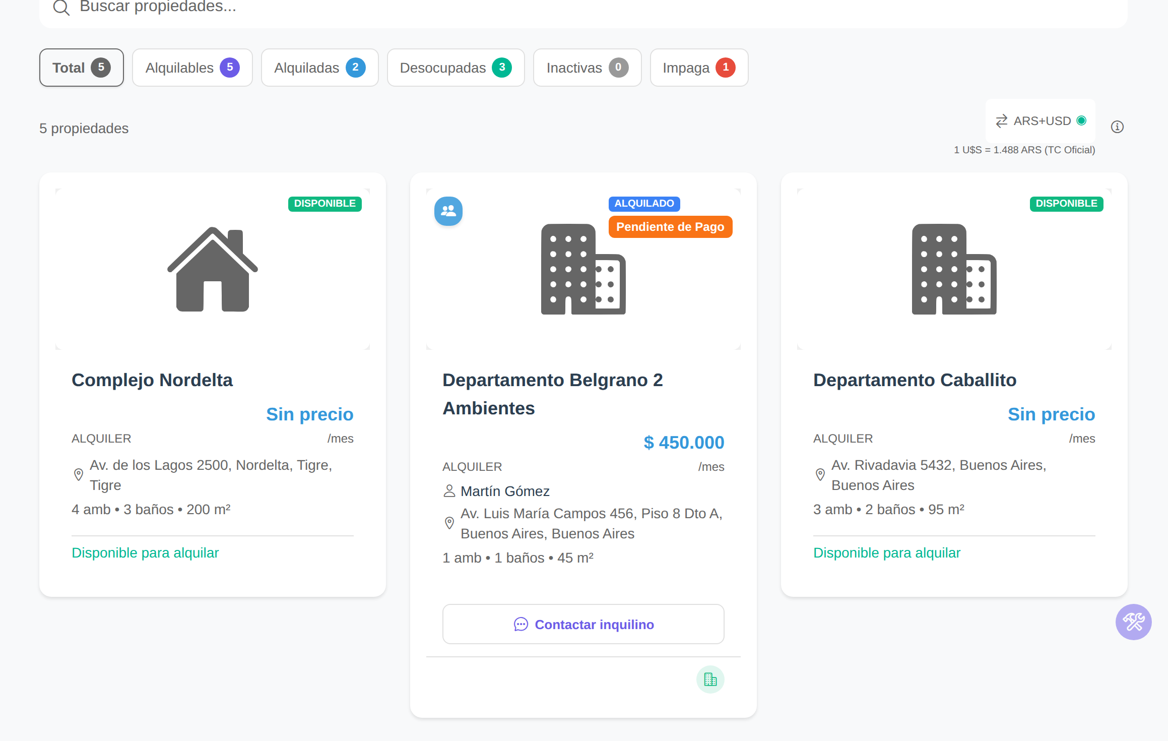 Pantalla de propiedades de Rents con tres propiedades cargadas, su estado de alquiler y el monto mensual