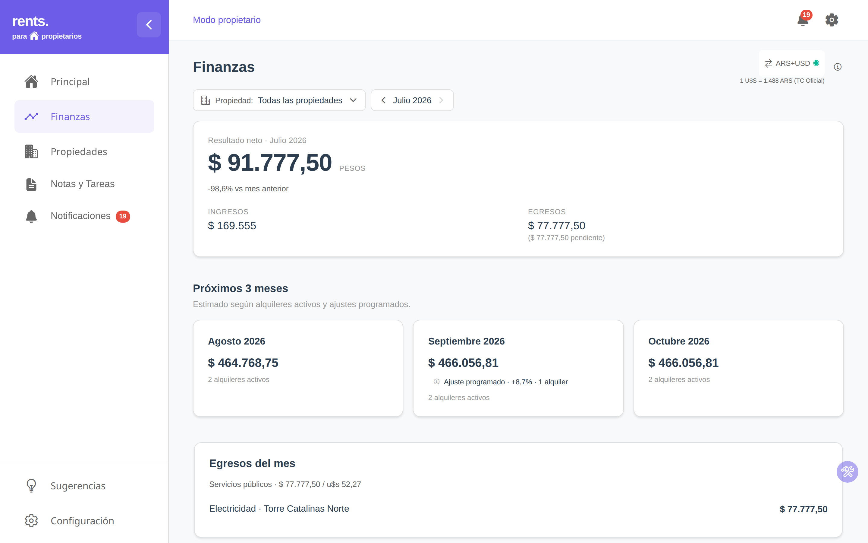 Dashboard de finanzas de Rents mostrando resultado neto mensual, ingresos, egresos y próximos vencimientos