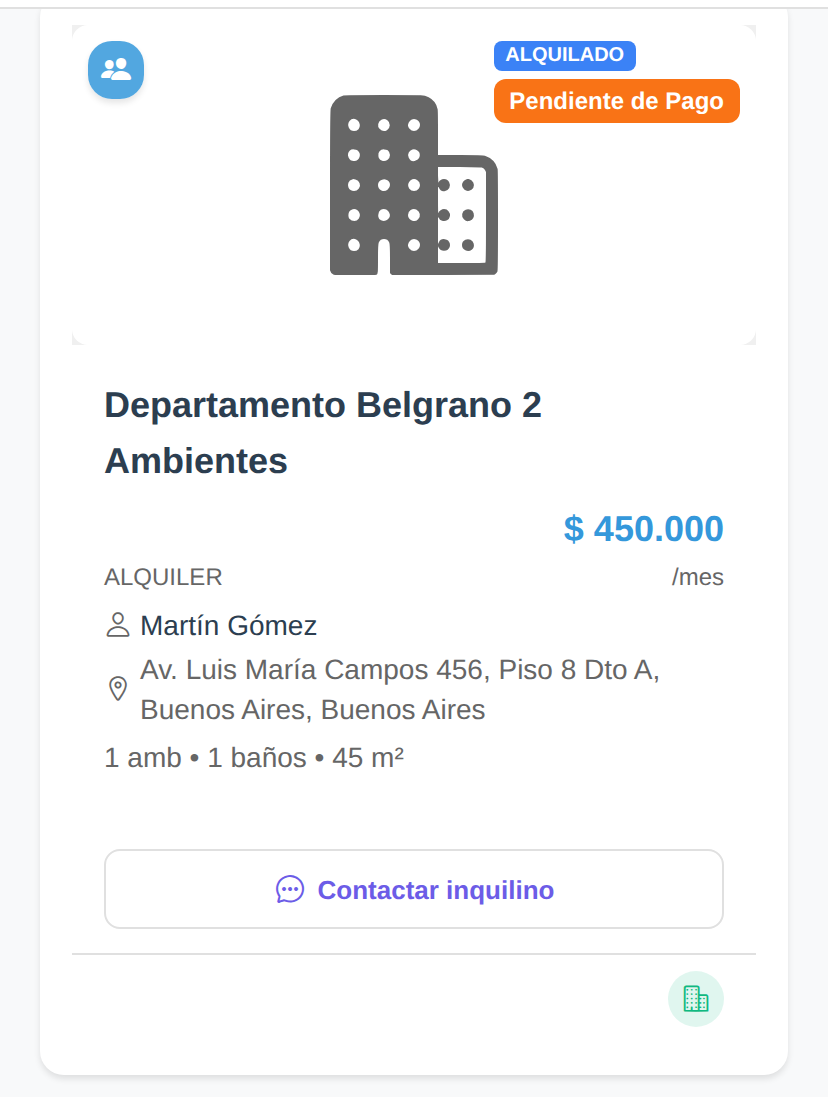 Tarjeta de propiedad alquilada en la app de Rents, con inquilino y estado de cobro